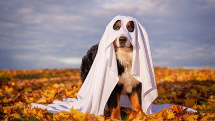 Adorable Bernese Mountain Dog Dressed as a Ghost for Halloween in Autumn Leaves