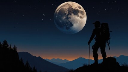 Silhouette of a hiker with a backpack stands on a peak under a large moon and starry sky.