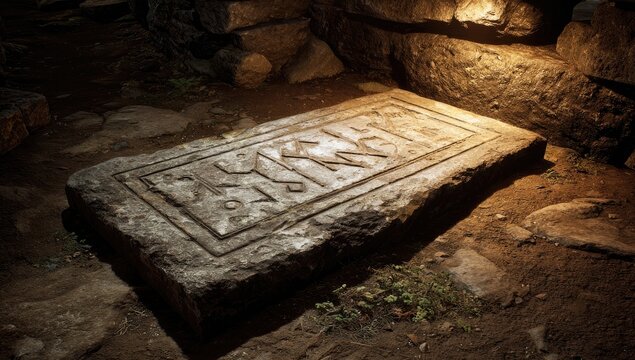Ancient stone slab, engraved with symbols, sits on ground in dimly lit, stone-walled area