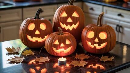 Illuminated Jack-o'-lanterns on Kitchen Countertop with Autumn Leaves