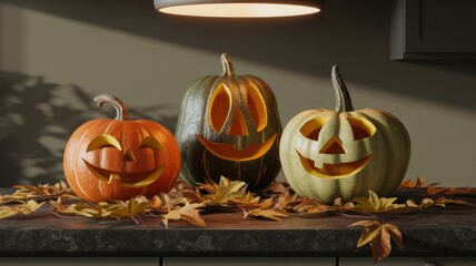 Three Jack-o'-lanterns on a Kitchen Counter with Autumn Leaves