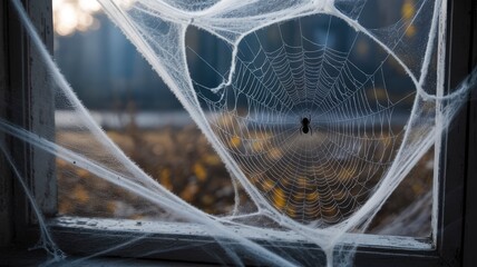 Spiderweb on Old Window with Autumnal Background