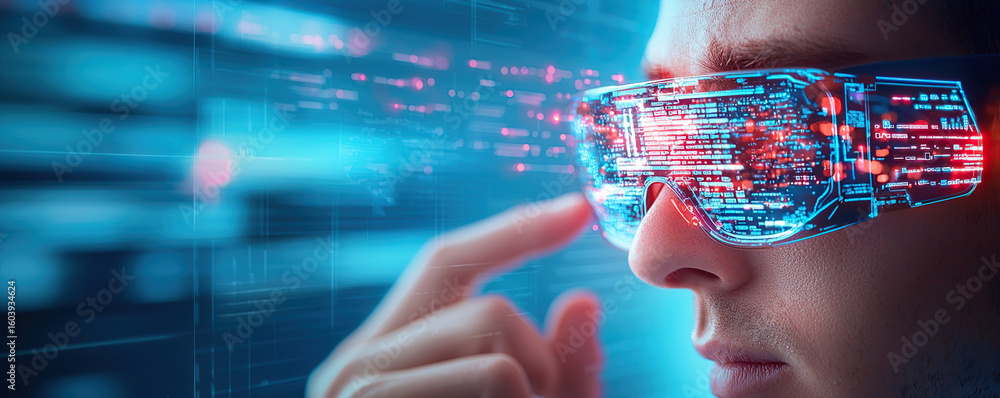 Poster futuristic augmented reality glasses enhance digital interaction, showcasing vibrant data streams an