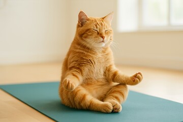 Meditating Cat in Relaxed Yoga Pose on Mat