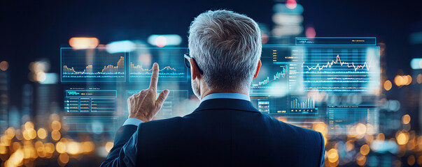 Businessman analyzing data on massive touchscreen display in corporate environment, showcasing graphs and statistics against city skyline