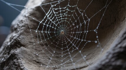 Dew-Kissed Spiderweb on Rock, Intricate Nature Detail