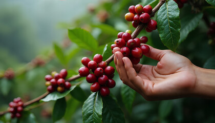 A Human Hand Gently Holding and Inspecting Clusters of Ripe, Red Coffee Cherries Directly on the Branch of a Lush Coffee Plant, Surrounded by Verdant Green Leaves in a Misty Plantation Setting.