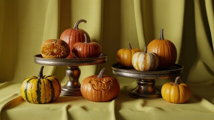 Autumnal Still Life with Carved Pumpkins and Antique Cake Stands