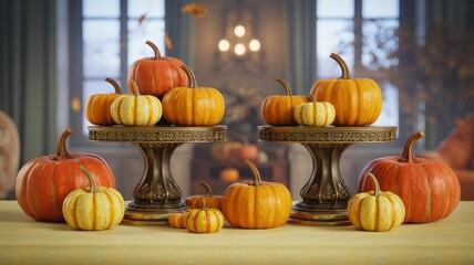 Autumnal Still Life with Pumpkins on Ornate Cake Stands