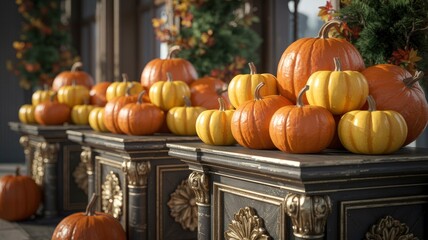 Autumnal Abundance Pumpkins on Ornate Display