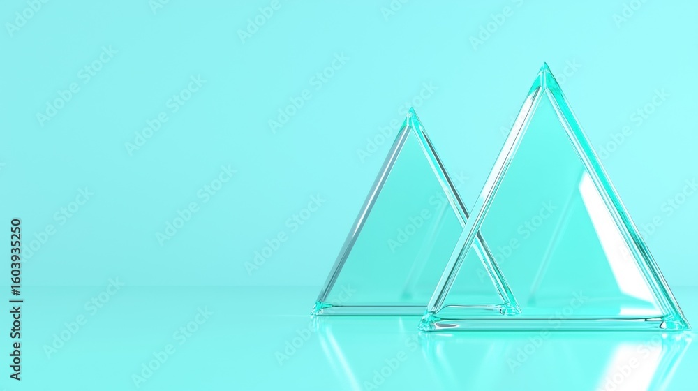 Poster a 3d rendering of two identical glass pyramids with pointed tops, set against a light blue gradient 