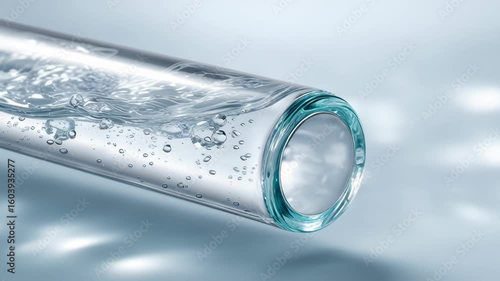 Poster macro view of pure water and single liquid drop. steady flow with bubbles inside clear glass science
