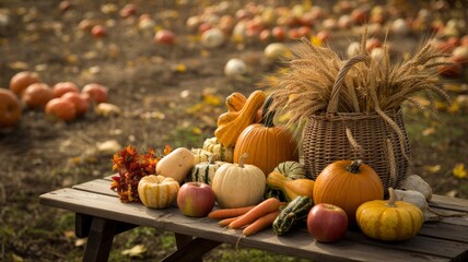 Autumn Harvest Abundance Pumpkins, Squash, and Wheat on Rustic Wooden Table