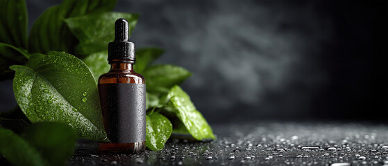 Amber dropper bottle with water drops. Brown glass dropper bottle with blank label placed on wet surface surrounded by fresh green leaves and water droplets