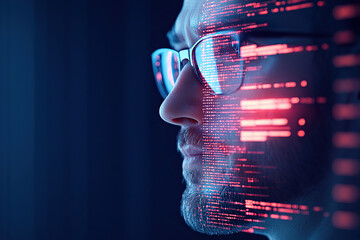 Focused individual with glasses gazes thoughtfully, illuminated by high tech interface displaying digital data streams, evoking sense