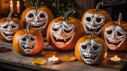 Halloween Carved Pumpkins with Mask Designs - Spooky Autumn Still Life