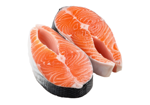 Two fresh raw salmon isolated on a transparent or white background.