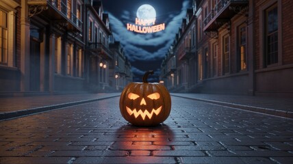 Spooky Halloween Night Jack-o'-lantern on Cobblestone Street
