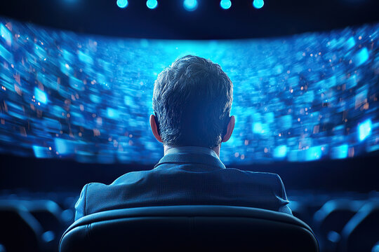 Person sitting in theater, gazing at large screen filled with dynamic blue visuals, creating immersive experience