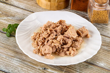 Canned tuna fish in the bowl
