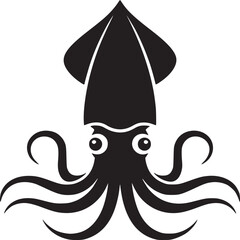 A minimalist black and white illustration of a squid with large eyes and curling tentacles on white