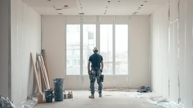 Construction worker in a room under renovation