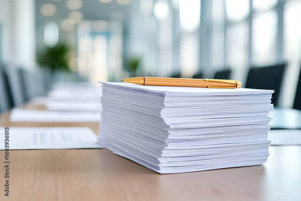 Poster stack of documents on wooden table with pen resting on top, symbolizing organization and productivit