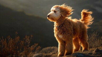 A golden doodle dog standing majestically on a rocky slope with the wind in its fur.