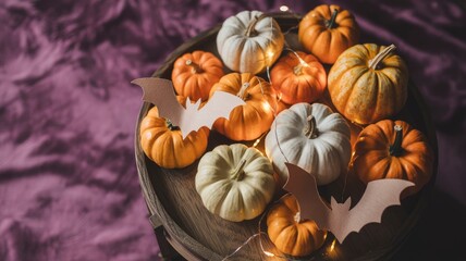 Autumnal Halloween Still Life with Pumpkins and Bats