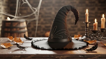 Enchanting Witch's Hat on Rustic Wooden Table with Candles and Autumn Leaves - Halloween Still Life