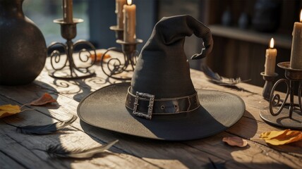 Witch's Hat on Wooden Table with Candles and Feathers - Halloween, Magic, Mystery Concept