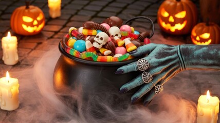 Spooky Halloween Candy Cauldron with Ghoulish Hand