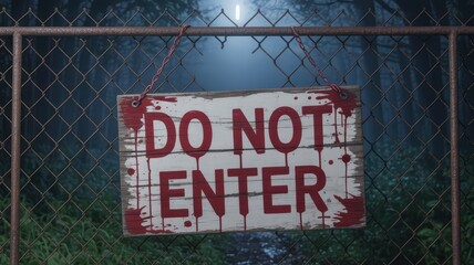 Eerie "Do Not Enter" Sign on Rusty Chain Link Fence in Foggy Forest at Night