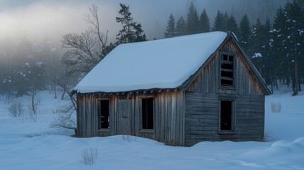Rustic Wooden Cabin in a Snowy Winter Landscape