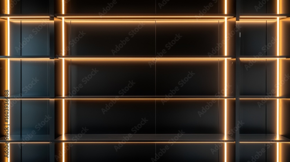 Poster a modern black and orange bookshelf with a grid pattern.