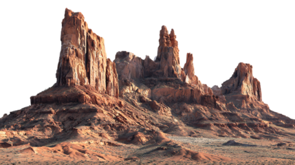 Dramatic red rock spires rise from a dry desert floor isolated on transparent background