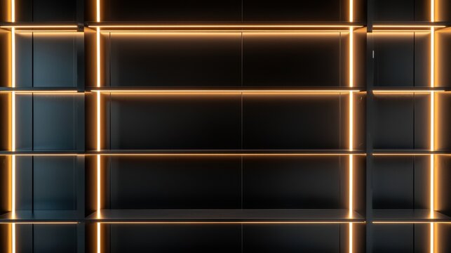 A modern black and orange bookshelf with a grid pattern.