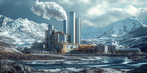 A geothermal plant located in a volcanic region, utilizing carbon capture methods to reduce emissions and protect the environment. The scene is dramatic and full of energy.