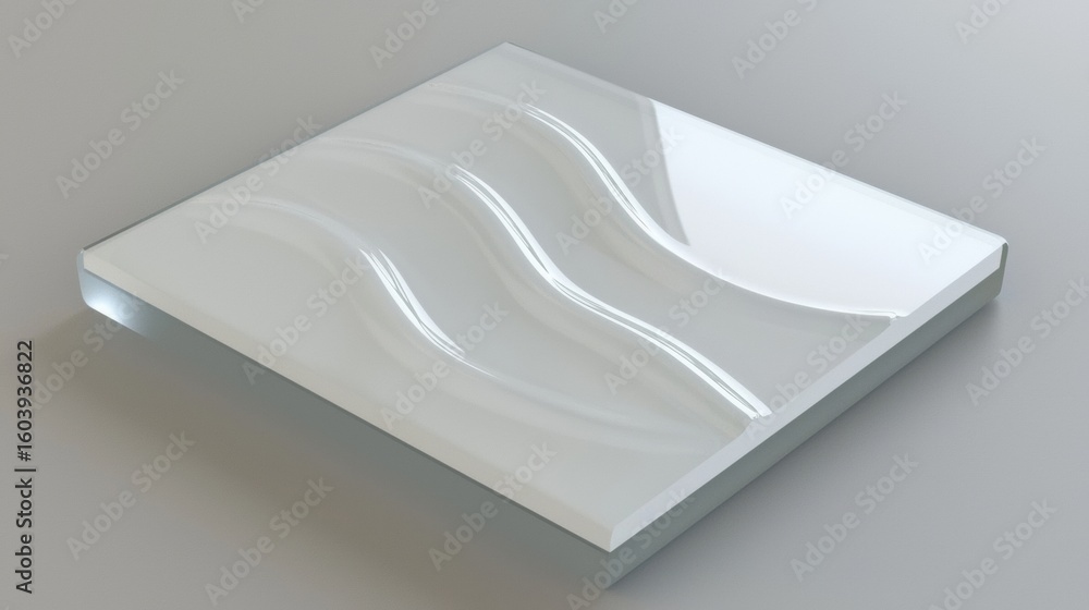 Poster a 3d rendering of a white, glossy, rectangular object with a wavy texture.