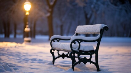 Snow-Covered Park Bench at Dusk