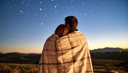 Couple Wrapped in Blanket Stargazing at Night Landscape