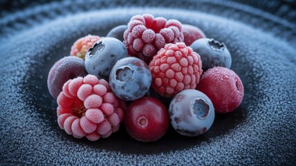 Frozen Berries on a Frosted Plate A Close-Up of Raspberries, Blueberries, and Cherries