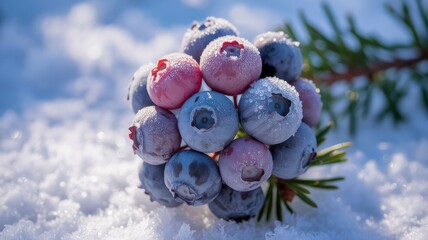 Frozen Blueberries on a Snow-Covered Branch