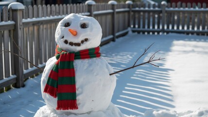 Cheerful Snowman in Winter Wonderland with Wooden Fence