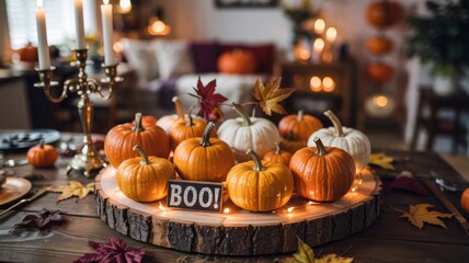 Autumnal Halloween Table Decor with Pumpkins and Candles