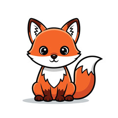 A cartoon fox with orange fur and a white chest sits, looking forward with big, round eyes.