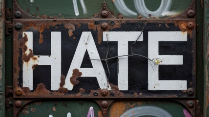 Rusty Metal Sign with the Word "Hate" - Social Commentary