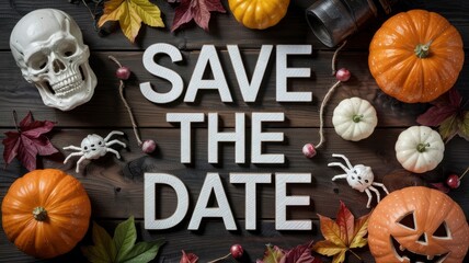 Halloween Save The Date Autumnal Pumpkin and Skull Invitation