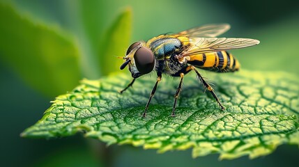 Fototapeta premium Macro shot of a hoverfly perched on a single green leaf, focusing on its detailed features and natural environment.