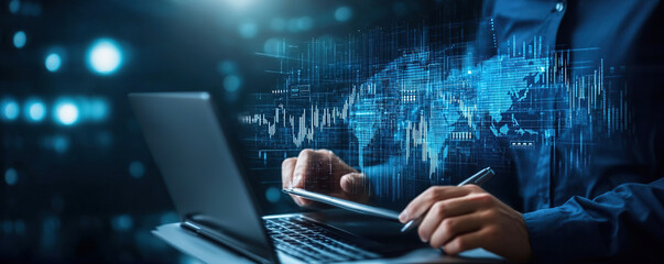Modern online conference screen displaying financial data and analytics with global map overlay, showcasing technology and innovation